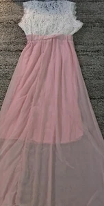 OQC Damen rosa Chiffon lang ärmellos transparent Spitze Kleid Größe Large X12 - Bild 1 von 5
