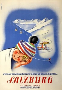 Original Vintage Salzburg Poster Schlafendes Kind Ski um 1955 von Fischl - Bild 1 von 1