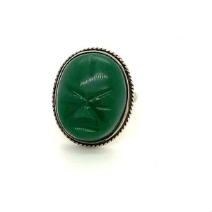 Vintage Signed Sterling Carved Oval Shape Green Jade Stone Scarabs Ring size 6 - Picture 1 of 7