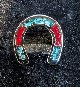 Vintage Turq. & Coral Horseshoe Nickle Silver Men's Rings Size 11 Resin - Picture 1 of 4