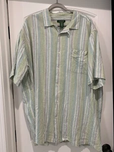 David Taylor Shirt Mens 3XL Green Stripe Hawaiian Short Sleeve Button Linen B&T - Picture 1 of 9