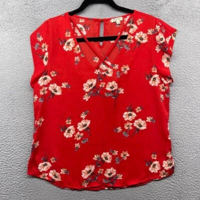 Lily White Womens Blouse Red Floral Short Cap Sleeve V-Neck Cross Strap Size L - Image 1 of 4