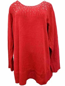 Womens Plus Red Sparkle Bejeweled Collar Long Sleeve Dressy Winter Sweater 3X - Picture 1 of 2