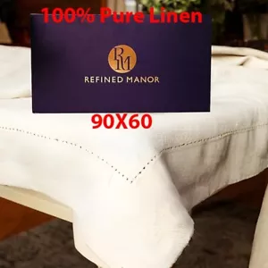 100% Pure Linen Tablecloth | 90X60 | Elegant Hemstitch | Luxury Fabric | White - Picture 1 of 5
