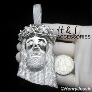 MEN 14K WHITE GOLD PLATED ICY BLING CZ OVERSIZE 3D JESUS HEAD PENDANT*ABP19 - Picture 1 of 5