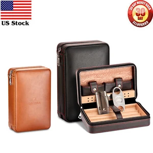 Travel Leather Cigar Humidor Case Box Cutter Jet Torch Lighter Set Box Portable - Picture 1 of 14