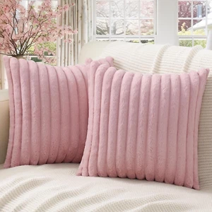 Faux Fur Plush Throw Pillow Covers 18X18 Set of 2, Luxury Soft Fluffy Striped De - Picture 1 of 12