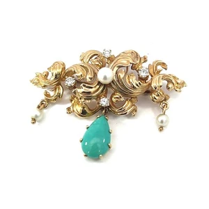 Colgante Broche Vintage Oro Amarillo 14k Diamante Perla Turquesa Estate - Imagen 1 de 8