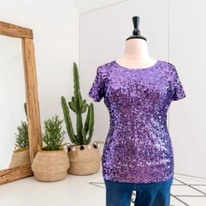 Maner Women’s XL Sequin Short Sleeve Lined Top Purple - Picture 1 of 12