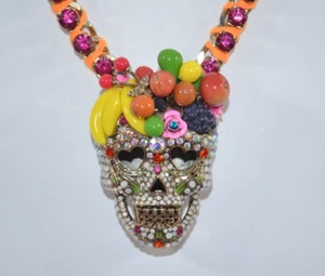 Betsey Johnson Rio Sugar Skull Fruit Roses Leaves Fuchsia HEAVY Necklace - Picture 1 of 10