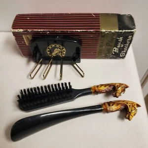 Vintage Brush & Shoe Horn Set Horse Head Handles Black Plastic Wall Plaque w/Box - Picture 1 of 18