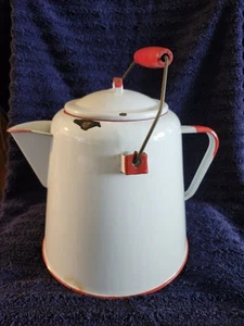 Vtg 1940's Primitive Farmhouse White & Red Enamelware Cowboy Campfire Coffee Pot - Picture 1 of 12