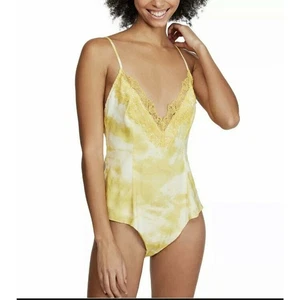 Free People Luella Printed Bodysuit in Yellow Combo Lace neckline size Small S - Picture 1 of 2