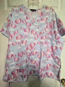 Samantha Mara Scrub Top size 3X-Pink Heart Balloons Blue sky-Chest 27.5"/L29" - Picture 1 of 5