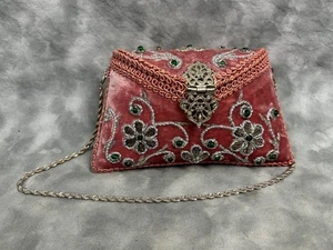 90er Jahre Samt Clutch Handtasche rosa bestickt Blumen Perlen verziert filigran - Bild 1 von 10