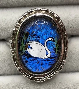 1930er umgekehrt bemalter Glas Schwan Schmetterling Flügel silberfarben Ring Gr.4 verstellbar - Bild 1 von 7