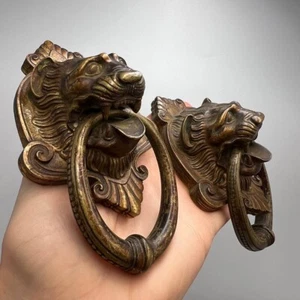 Antikes Set Paar Handglockenkopf Löwe Türklopfer Bronze Griffe Knöpfe Möbel - Bild 1 von 7