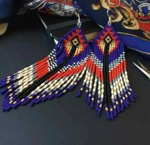 Pendientes Tribales Nativos Grandes Boho Americanos Semilla Cuentas Hecho a Mano Pendiente - Imagen 1 de 2