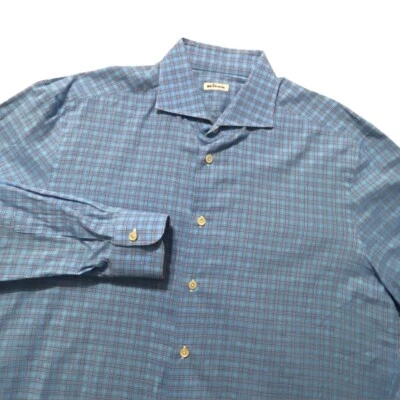 Kiton LS Button Up Shirt Mens Sz 17.5/44 Blue & Navy Plaid Modern Italy EUC - Image 1 of 4