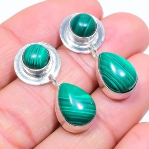 Malachite Gemstone Handmade 925 Sterling Silver Jewelry Stud Earring Size 1.2" - Picture 1 of 1