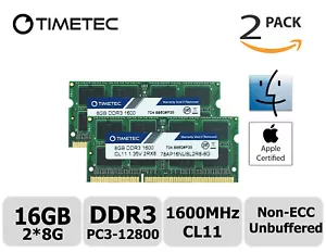 Timetec 2x8GB DDR3 1600MHz PC3-12800 Non-ECC 1.35V 2Rx8 SODIMM Apple Memory RAM - Picture 1 of 6