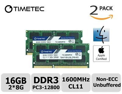 Timetec 2x8GB DDR3 1600MHz PC3-12800 Non-ECC 1.35V 2Rx8 SODIMM Apple Memory RAM - Image 1 of 4