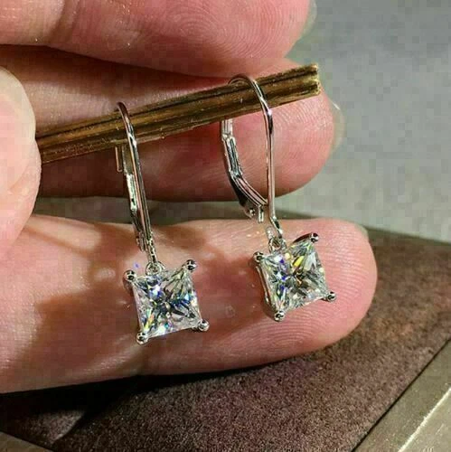 3.00 Ct Princess Cut Diamond Simulated Drop Dangle Earrings 925 Sterling Silver - Image 1 of 4