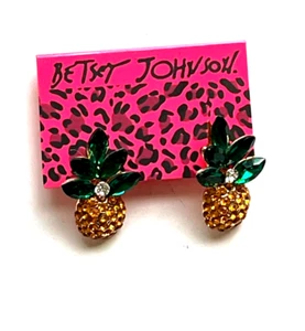BETSEY JOHNSON CRYSTAL YELLOW ENAMEL PINEAPPLE DANGLE STUD EARRINGS - Picture 1 of 1