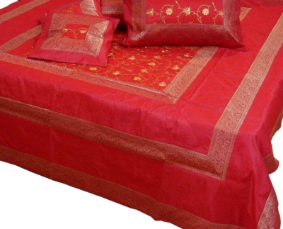 Banarasi Silk Embroidered  Work Cotton Bedding With Pillows & EuroSham Bedspread - Image 1 of 4