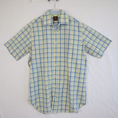 Tailorbyrd Shirt Mens XLT Tall Casual Button Up Yellow Blue Plaid Short Sleeve - Imagem 1 de 4