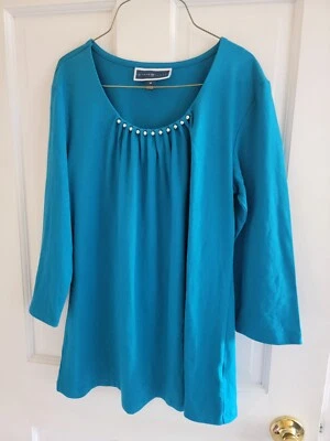 Camisa Top Karen Scott Para Mujer Talla M Azul Elástica Manga 3/4 Borde Tachonado Foto 1 de 4