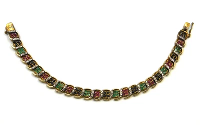 FAS 天然红宝石翡翠蓝宝石钻石网球手链;7 1/2 英寸纯银 — 第 1/3 张图片