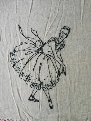 Bailarina vintage hecha a mano de lino y encaje años 30-50 bordada Cottagecore MCM Foto 1 de 4