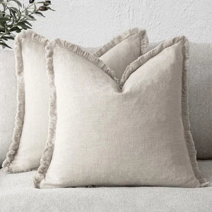 Set of 2 Decorative Linen Fringe Throw Pillow Covers Cozy Farmhouse Boho Cush... - Picture 1 of 7