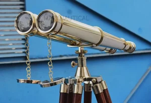 Binocular de latón de 18 pulgadas con soporte de trípode de madera marrón decoración náutica vintage - Imagen 1 de 10