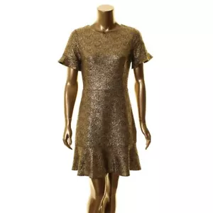 MICHAEL KORS Women's Black/gold Foil Flare Trim Party Fit & Flare Dress S TEDO - Picture 1 of 2