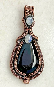 Copper Wire Wrap Pendant Black Onyx Moonstone Accents Handcrafted - Picture 1 of 4