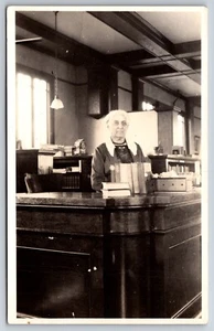 Interior Librarian at Checkout Counter of the Library c1920 Real Photo RPPC - Picture 1 of 2