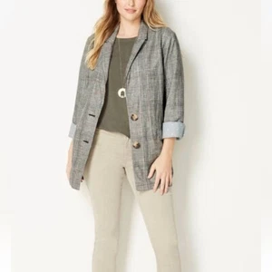 J. Jill Women's L Tall Coriander Blazer Linen Blend Plaid Jacket Academia - Picture 1 of 14