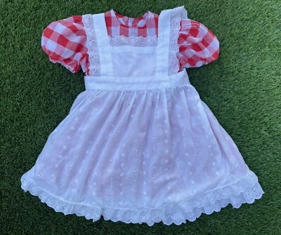 ✅Vintage Red White Checked Dress Pinafore Puff Sleeve Ruffles Little Girls sz 5 - Image 1 of 4