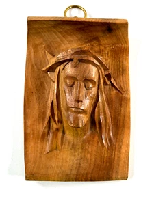 vintage legno intagliato legno Gesù Cristo targa rilievo busto decorazione parete arte popolare - Foto 1 di 9