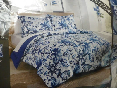 Edredom Twin XL reversível floral azul branco e falso NOVO - Imagem 1 de 4
