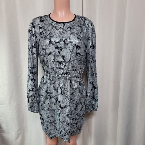 Mini abito da donna Michael Kors manica lunga taglia large paisley pellicola argento nuovo con etichette