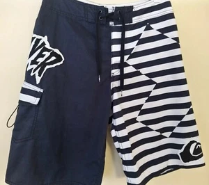 Genuine Quicksilver Embroidered Polyester Boardshort Black White Stripe Sz 30 - Picture 1 of 8