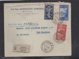 Italy 1949 Messina Registered Cover El Salvador (Top Edge Tear) W/ 100L Stamp - Picture 1 of 2