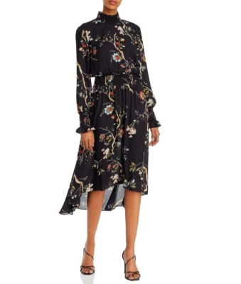 Nanette Lepore Black Floral Hi Low Hem Long Sleeve Dress Size 4 - Image 1 of 4