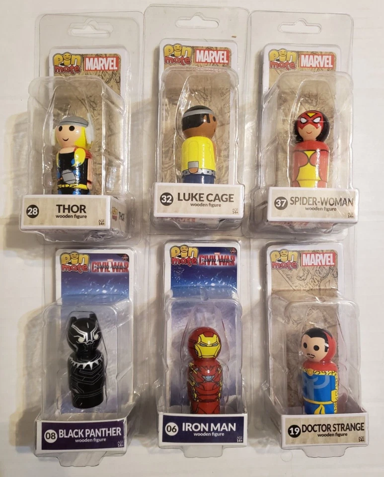 6 figuras Marvel Pin Mate: Thor, Iron Man, Pantera Negra, Doctor Extraño, Jaula+1 Foto 1 de 1