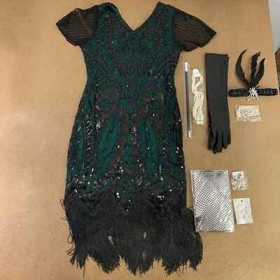 Women's Medium Black Green Sequin Fringe Flapper Dress & Accessory Set 9 Pieces - Image 1 of 4