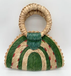 Woven Raffia Basket Tote Quesadilla Hand Bag Circle Green African Style Boho - Picture 1 of 11