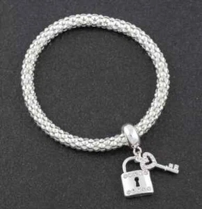 Love Lock Key Mesh Bracelet/Silver Plated Equilibrium Diamante Love Lock Charm - Picture 1 of 1